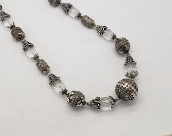 Vintage Bohemian Style Clear Faceted Teardrop Crystal & Solid Sterling Silver Balinese Bead Necklace Matinee Length 21-1/4" long MH-5176