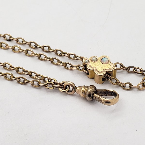 Antique O&C Gold-Filled Ladies Pocket Watch Lorgnette Chain Necklace 48" long w/Ornate Opal Seed Pearl Slide 11.4 grams circa 1900 M4981