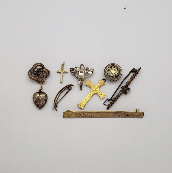 Lot of 9 Antique Victorian Era Gold-Filled Brooch… - image 1