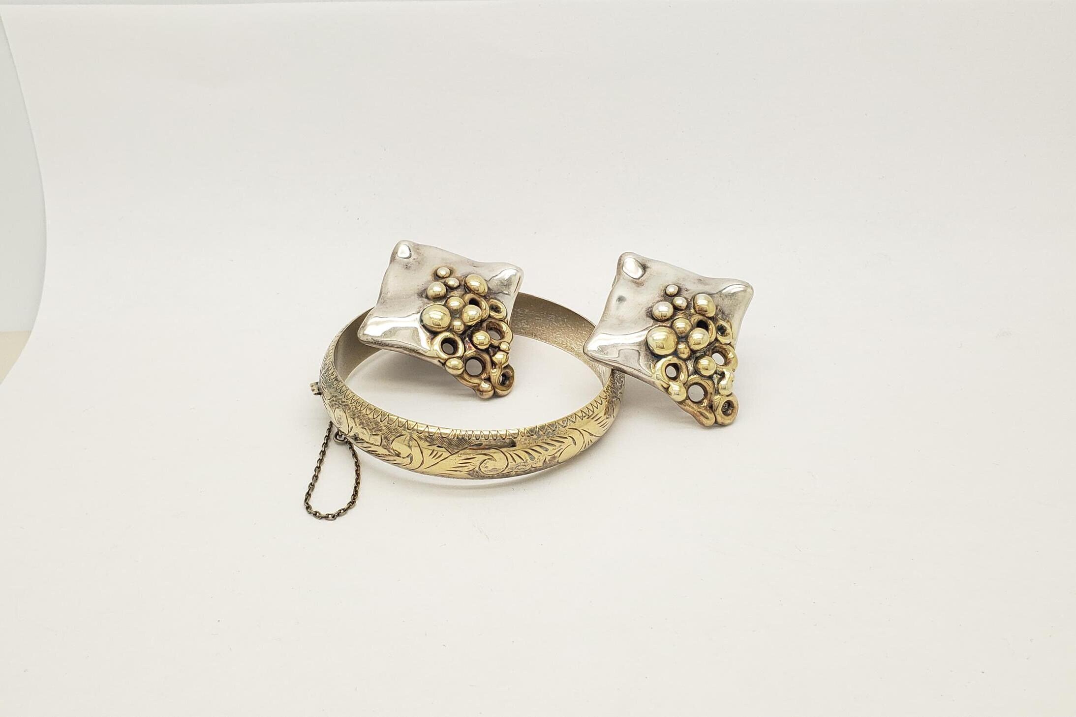 イスラエルBat-Amiシルバー24Kプレートストーンブローチとイヤリング