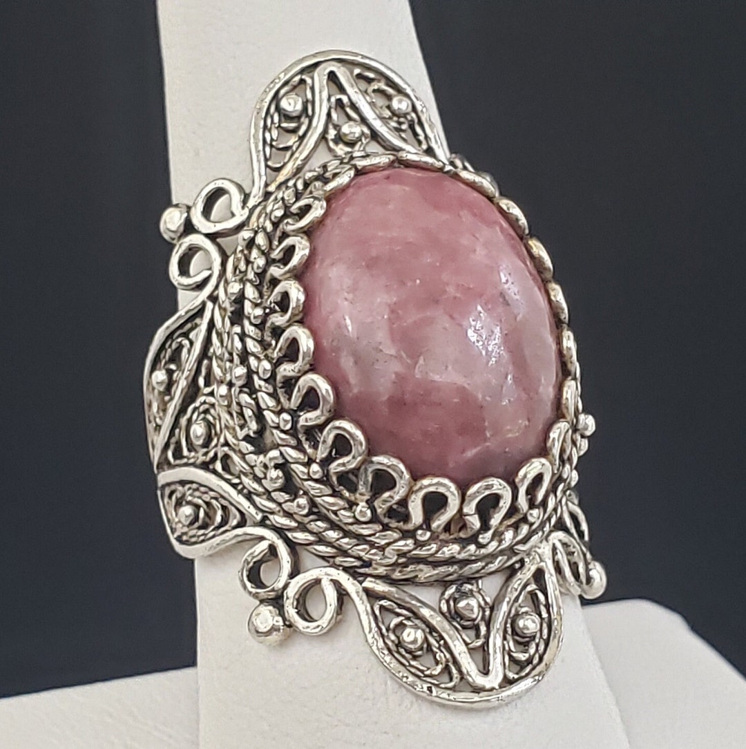 Vintage Oval Pink Rhodonite Solid Sterling Silver Filigree Design Shank ...