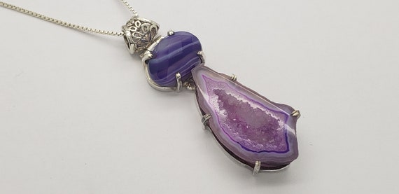 Vintage Purple Agate Crystal Solid Sterling Silve… - image 1