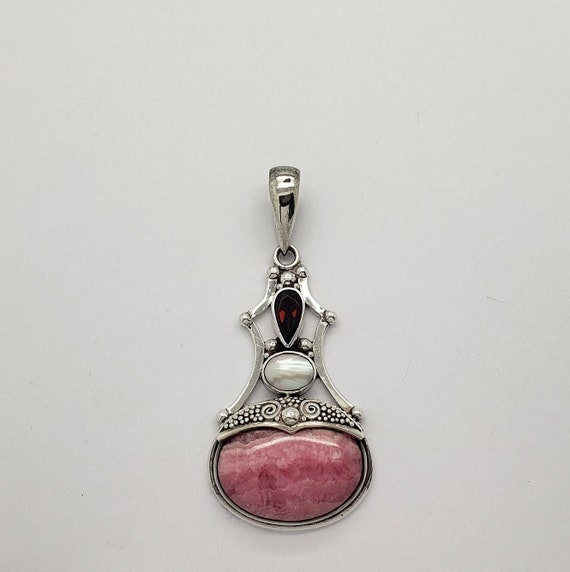 Vintage SAJEN Large Oval Pink Rhodochrosite & Gar… - image 1