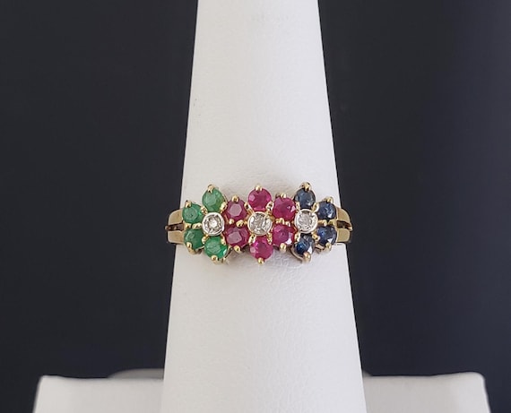 Estate 14K Solid Gold Genuine Emerald Ruby Sapphi… - image 1