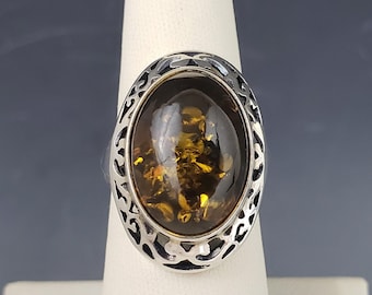 Estate Vintage VALERIO High Dome Golden Baltic Amber Solid Sterling Silver Ring size 7 signed V-B 925 POLAND
