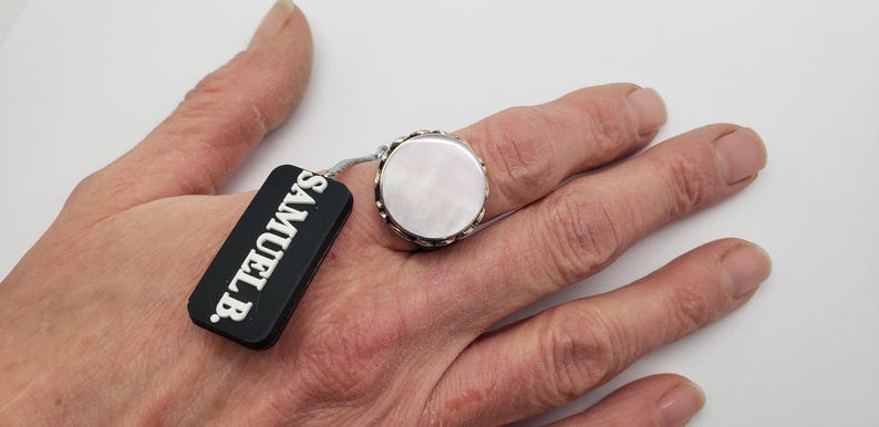 Vintage SAMUEL B. Iridescent Pink Mother of Pearl Solid Sterling Silver Bali Ring size 8-1/2 Brand New w/Tags Never Worn 6.2 grams M5188 image 11