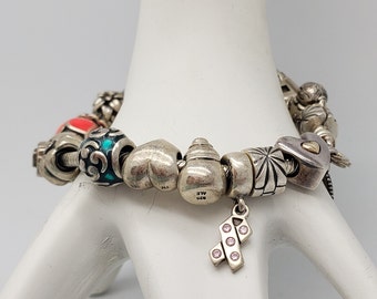 Vintage PANDORA Solid Sterling Silver Charm Bracelet 7-3/4