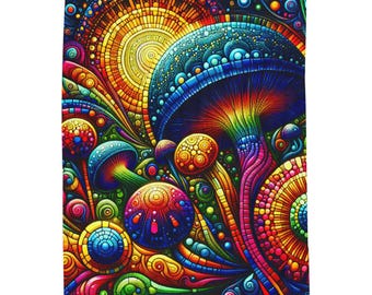 May include: A vibrant, psychedelic blanket featuring a colorful mushroom design. The artwork showcases a sunburst and several mushrooms in shades of blue, red, yellow, and green. The blanket's design is intricate and detailed, with a mosaic-like pattern.