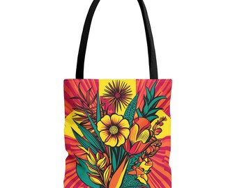 Floral Tote Bag, Colorful Flower Print Shopping Bag for Beach, Market, Picnic & Everyday Use