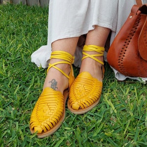 Yellow Leather Huaraches Sandals: Handmade Mexican Boho Shoes