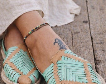 Handmade Leather Huaraches: Sea Green Mexican Boho Shoes