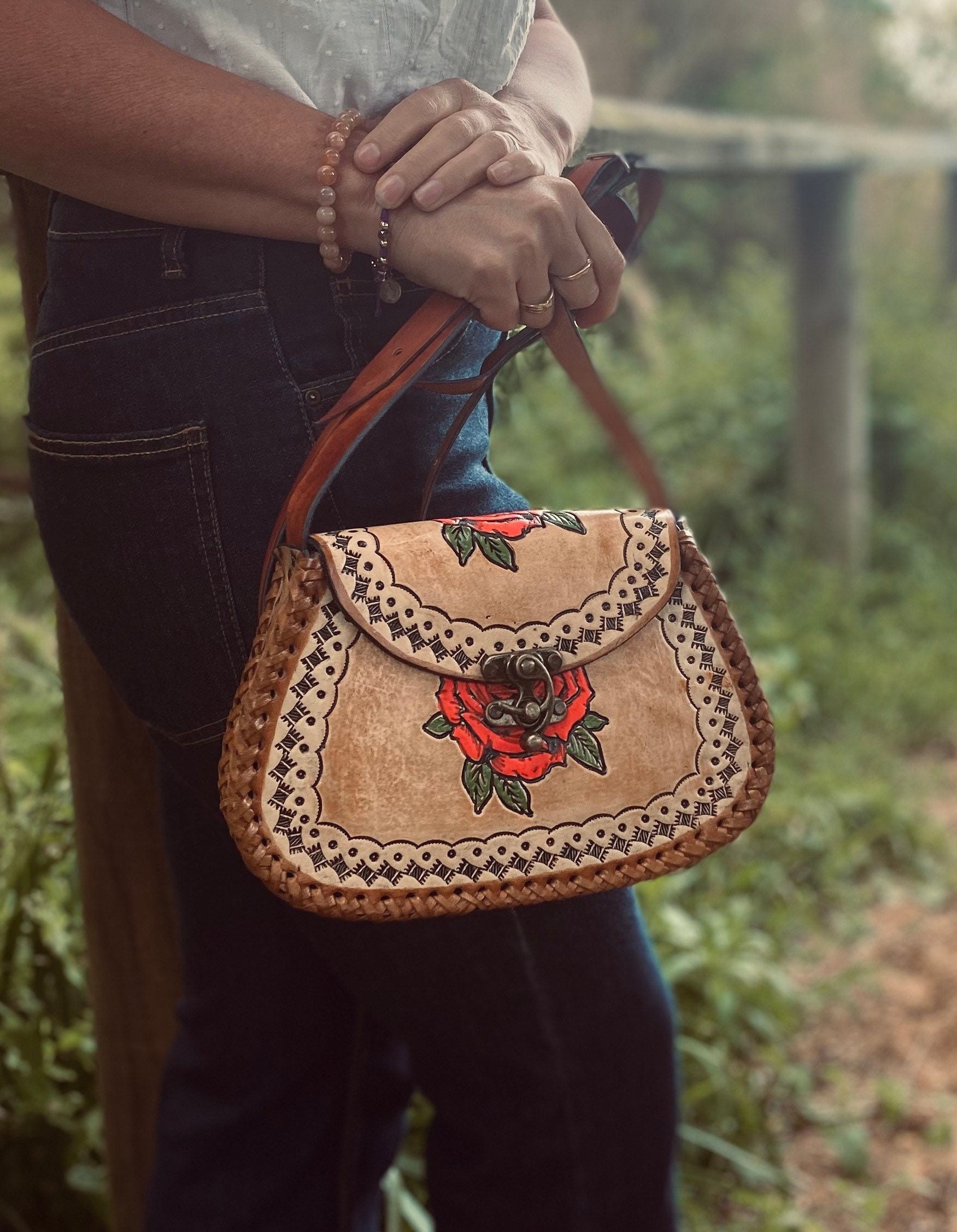 ROSE LEATHER BAG, Flower Leather Bag, Hand Painted Flower Bag, Rose ...