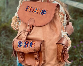 Vintage Tooled Genuine Leather Floral Brown‎ Backpack Made in Mexico il_fullxfull.5838748096_epj2.jpg main image 2