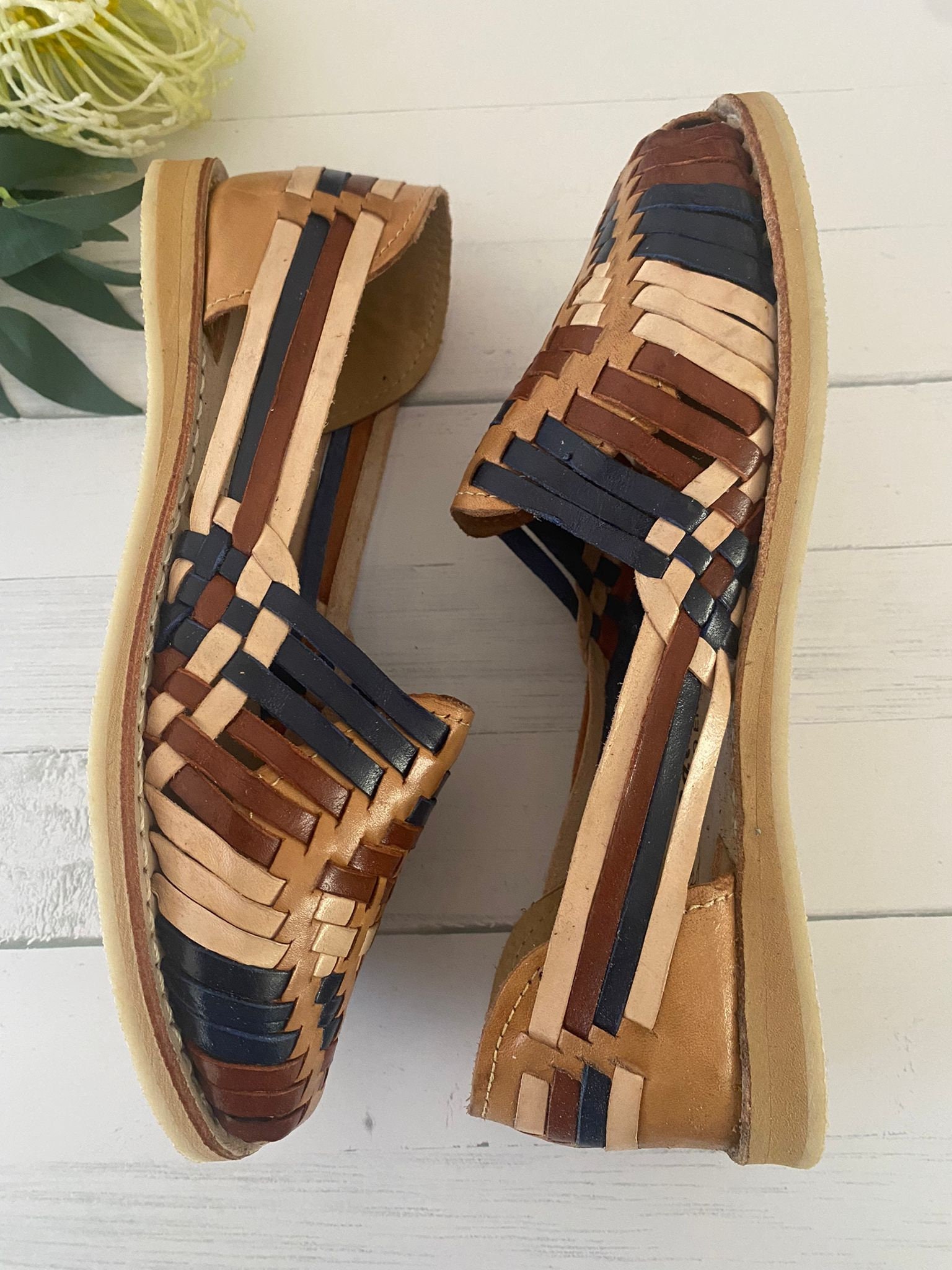 Handmade Leather Huaraches: Tan & Navy Mexican Boho Shoes - Etsy display picture 2