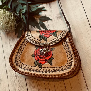ROSE LEATHER BAG, Flower Leather bag, Hand painted Flower bag, Rose purse, one of a kind bag, Unique Bag, Mexican Bag, Red Rose Handbag,