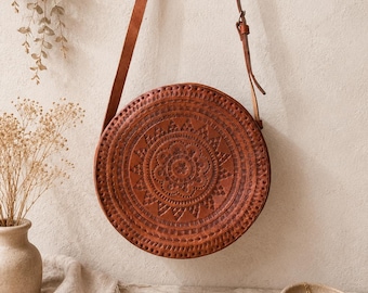 Handmade Tooled Leather Circle Bag, Boho Mayan Artisan Purse