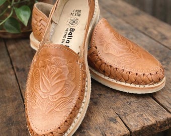 Handmade Rose Leather Huaraches, Tan Boho Mexican Shoes