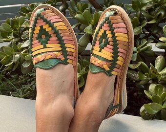 MEXICAN HUARACHES, Leather Huaraches, Mexican Shoes, Handmade Leather Shoes, Boho Shoes, Sandles, Green Leather Shoes, Mexican Handmade