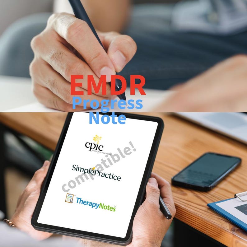 Pode incluir: Imagem de uma pessoa escrevendo com uma caneta, com o texto "EMDR Progress Note" em vermelho e azul. Um tablet exibe os logotipos "epic", "SimplePractice" e "TherapyNotes", com a palavra "compatible!" ao fundo.
