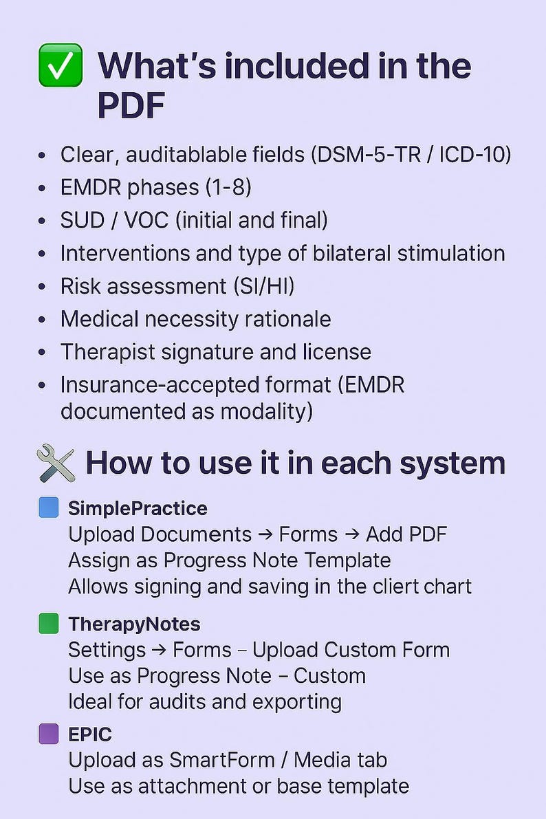 Pode incluir: Um gr&aacute;fico roxo com texto branco que descreve o conte&uacute;do de um documento PDF, incluindo campos, fases e avalia&ccedil;&otilde;es de risco. As instru&ccedil;&otilde;es s&atilde;o fornecidas para uso nos sistemas SimplePractice, TherapyNotes e EPIC.