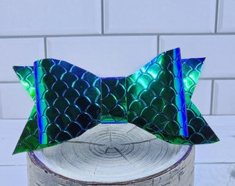 Shiny Blue Green Purple Mermaid Scales Bow Faux Leather Barrette