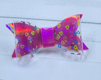 Clear and Pink Holographic Bow with Hearts