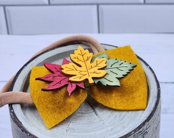 Autumn Yellow Felt Bow with Wood Leaves Headband