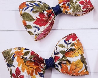 4" Autumn Leaves Hair Bow with Blue Center