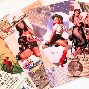 Pin-Up Girl Postcards with Fun Facts - Single or Pack of 4 - Collage Art, Vintage Style Pinups