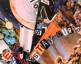 Space Postcards with Fun Facts - Single or Pack of 4 - Collage Art, Mars Rover, Telescope, Satellite