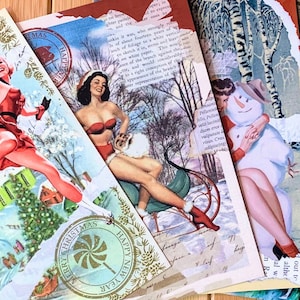 Pin-Up Girl Collage/Vintage Style Christmas/Holiday Postcards, Pack or Single