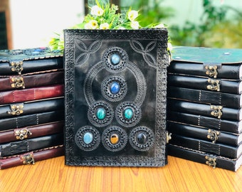 Large Seven Stone Handmade Black Leather journal Writing Spell Notebook Handmade Paper Leather Chakra Embossed Journal father's Day Gift