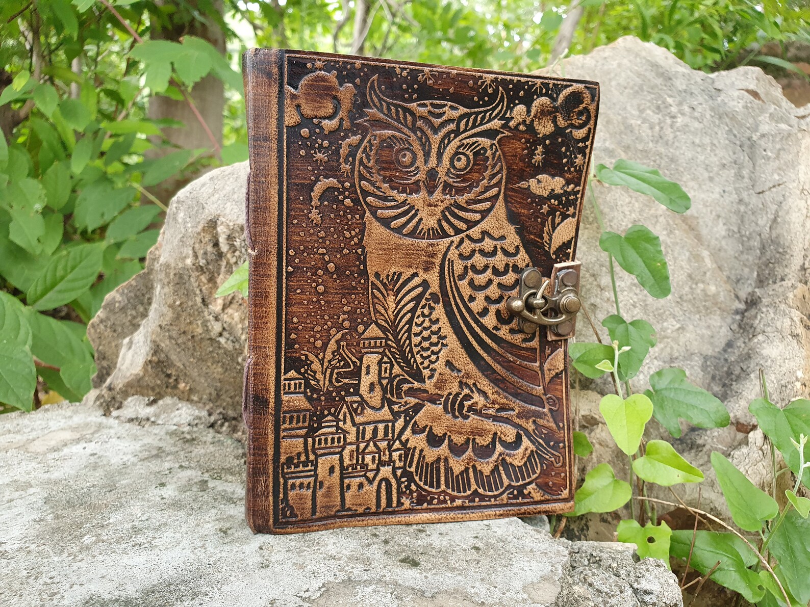 Owl in Forest Leather Journal With Latch Embossed Owl Journal Handmade