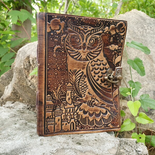 Owl in Forest Leather Journal with Latch embossed owl journal handmade journal