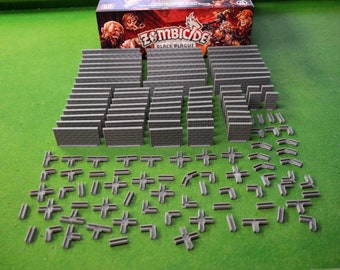Puede incluir: Un conjunto de piezas de pared y esquinas de plástico gris para el juego de mesa Zombicide: Black Plague.