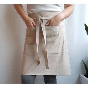 Half apron, Linen apron,Unisex cotton linen apron, cafe apron, barista apron with a zipper pocket, short apron, gardening apron, waist apron