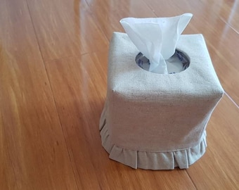 Linen tissue box cover,  Natural Linen ruffled Tissue Box Cover, Tissue Box Cover