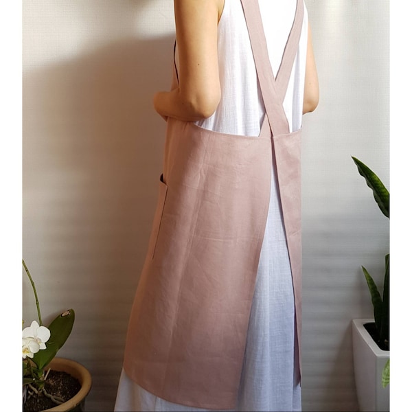 Linen Cross Back Apron/Linen apron/Apron/Japanese style apron/cross fit apron/womens apron/work apron/pinafore apron/Pure linen apron