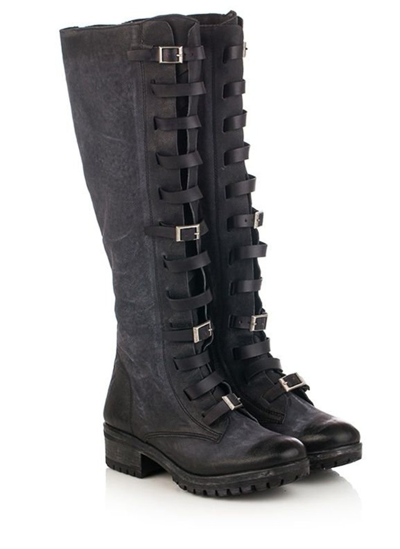 Women low heel lace up over knee high genuine leather motorcycle ankle boots low heel autumn military work combat western boots casual boots