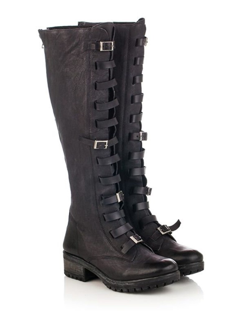 Women low heel lace up over knee high genuine leather motorcycle ankle boots low heel autumn military work combat western boots casual boots
