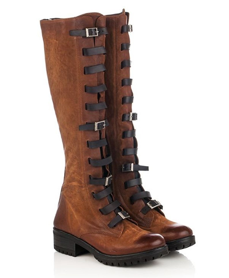 Women low heel lace up over knee high genuine leather motorcycle ankle boots low heel autumn military work combat western boots casual boots