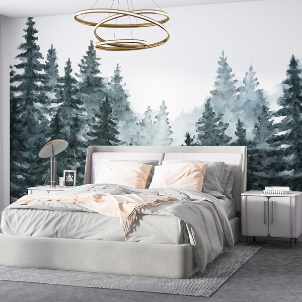 Woodland Mural Wallpaper, Watercolor Wallpaper, Scenic, Pine Tree, Landscape, Woods, Temporary, Removable, Peel and Stick Wallpaper