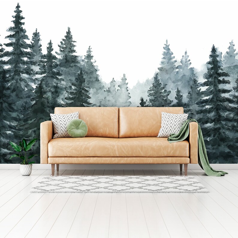 Woodland Mural Wallpaper Watercolor Wallpaper Scenic Pine Etsy