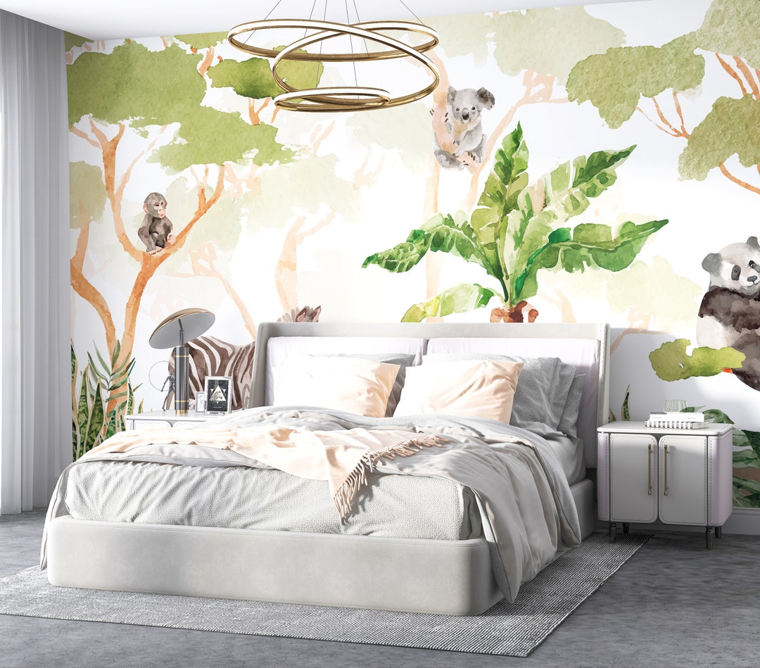 Jungle Animal Mural Wallpaper Watercolor Wallpaper Scenic Etsy