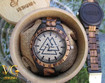 Reloj de madera Valknut grabado, joyería nórdica, joyería vikinga, reloj vikingo, joyería pagana, regalos personalizados, regalo para hijo, regalos para papá