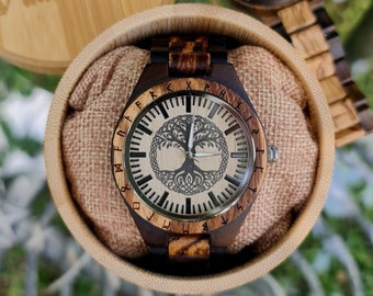 Norse Tree Of Life Wooden Watch, Engraved Wood Watch, Personalized Viking Wood Watch, Viking Jewelry, Birthday Gift, Viking Anniversary Gift