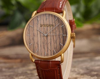 Engraved Wooden Watch for Men, Leather Band, Anniversary Gift