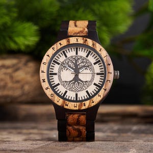 Engraved Wooden Watch with Norse Yggdrasil Tree of Life, Personalized Gift for Men, Viking Jewelry, Anniversary Gifts, Men&#39;s Customized Gift