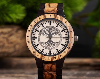 Engraved Wooden Watch with Norse Yggdrasil Tree of Life, Personalized Gift for Men, Viking Jewelry, Anniversary Gifts, Men&#39;s Customized Gift