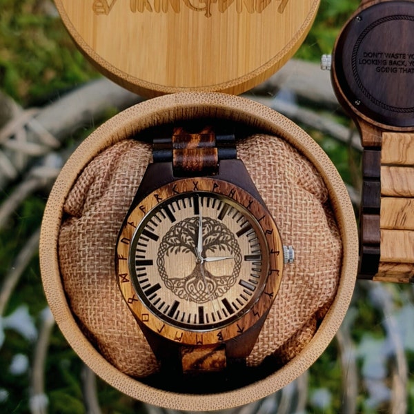 Engraved Norse Tree Of Life Yggdrasil Wooden Watch, Personalized Wood Watch, Vikings Jewelry, Gifts For Men, Customized Wood Watch For Men's